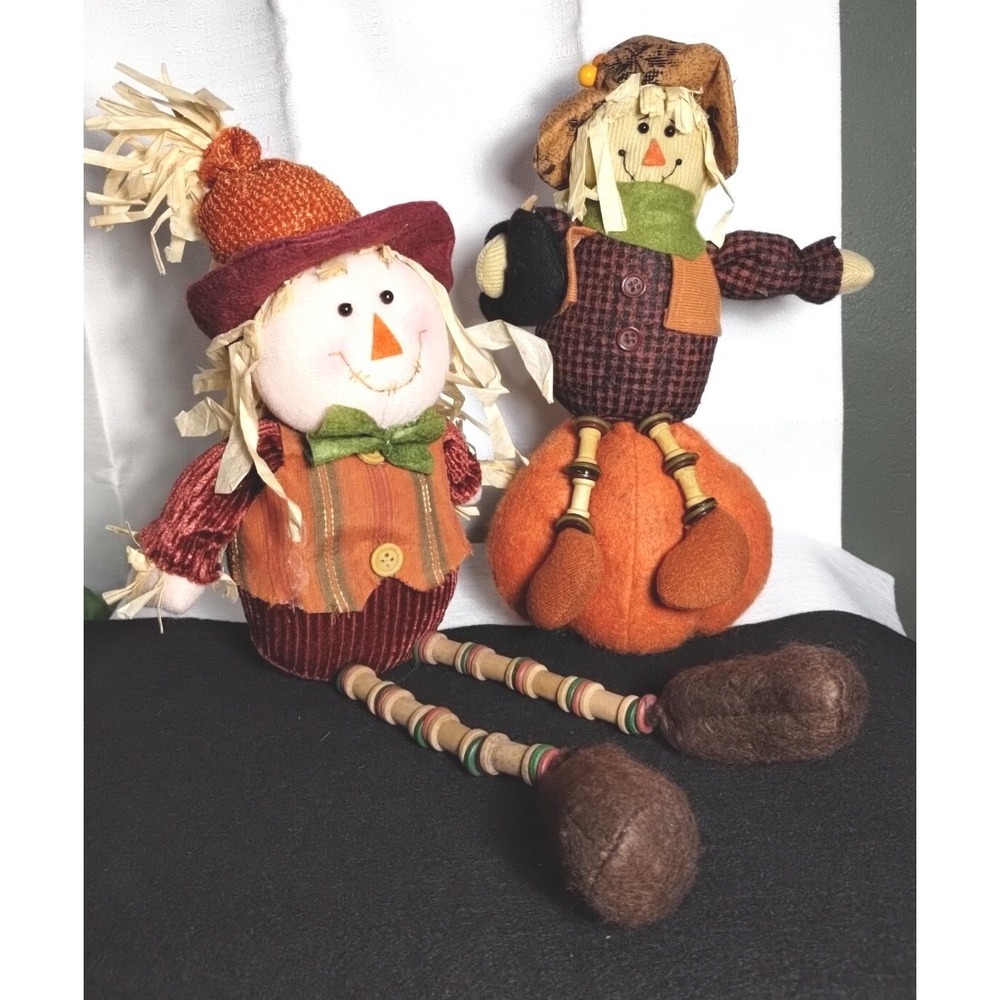 Two Autumn Fall Halloween Scarecrow Shelf Sitters Plush Hat Boots Pumpkins 10 In